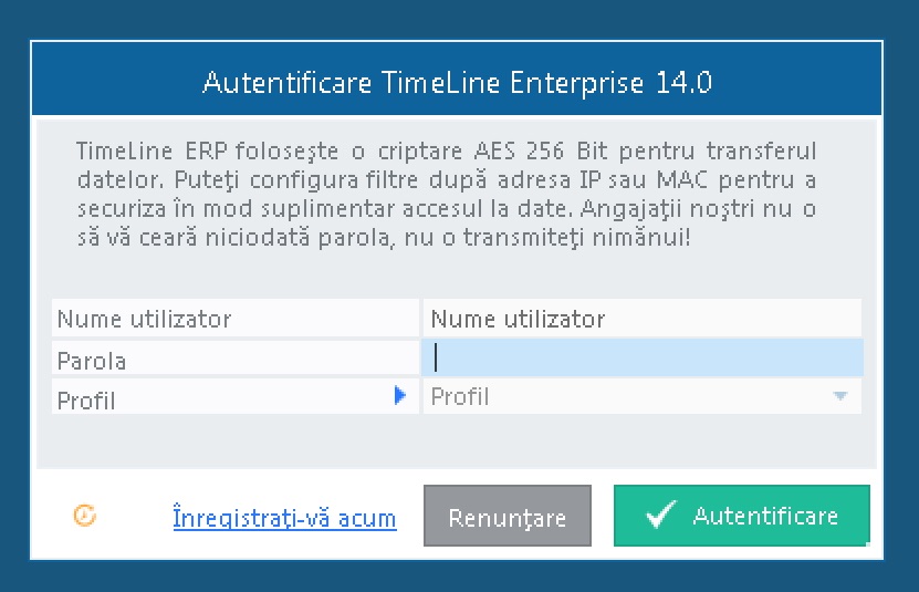 Ecranul de autentificare în TimeLine ERP 14